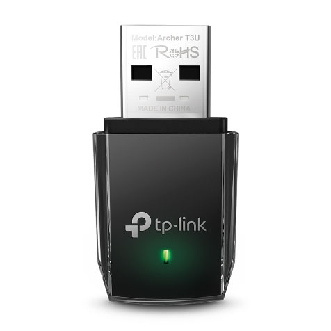 Adaptador USB tp-link preto com indicador LED verde e texto no metal