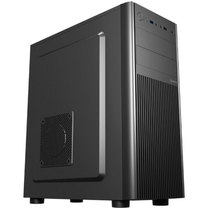 Computador de secretária preto com grelha frontal e ventoinha lateral.