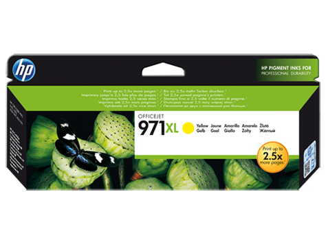 Embalagem de tinteiro HP OfficeJet 971XL amarelo com imagem de borboleta e folhas verdes