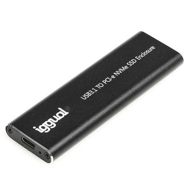 Enclosure preto para SSD NVMe com USB tipo C e texto impresso branco