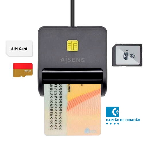 Leitor de cartões AISENS com cartões SIM, microSD, SD e cartão multicolorido inserido