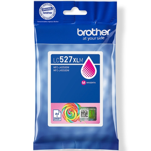 Cartucho de tinta Brother LC 527XLM magenta na embalagem azul.
