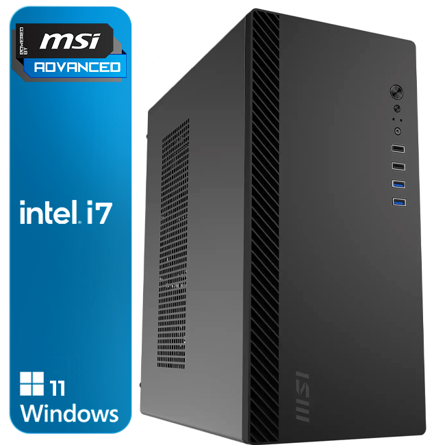 Computador MSI preto com portas USB frontais e selo intel i7 Windows 11