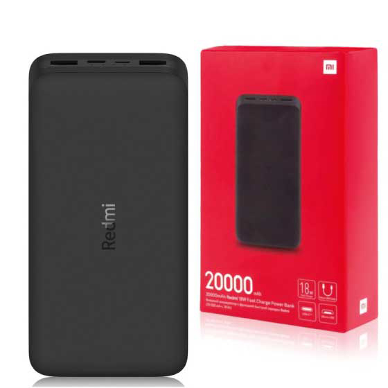 Carregador portátil Redmi preto de 20000 mAh ao lado da caixa vermelha.