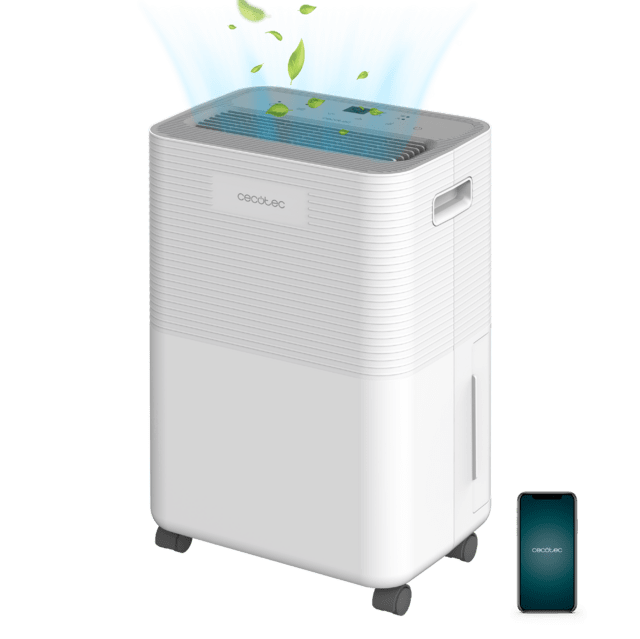 Desumidificador branco Cecotec com telemóvel ao lado