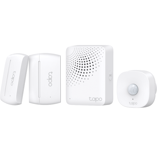 Conjunto de dispositivos brancos Tapo com sensores e padrões de orifícios