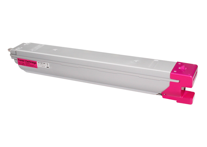 Cartucho de toner cinzento com extremidades rosa e etiqueta rosa