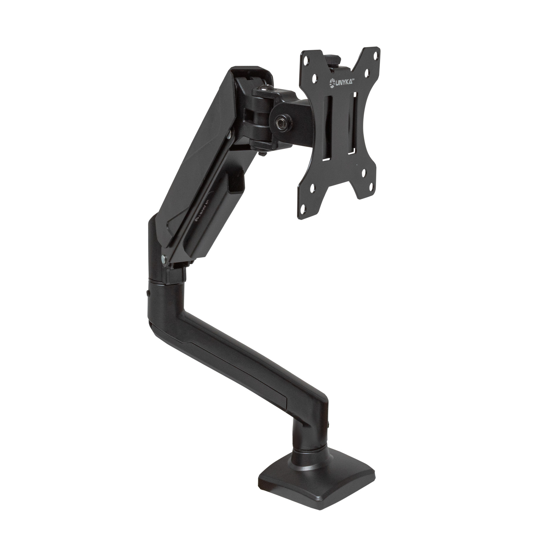 Suporte articulado preto para monitor com base quadrada e conector quadrado da marca UNYKA.