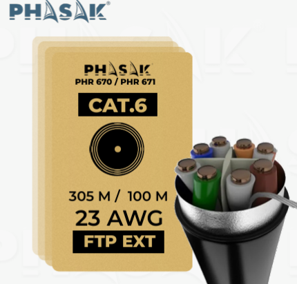 Cabos CAT.6 FTP EXT PHASAK com etiquetas e cabo cortado mostrando fios internos coloridos