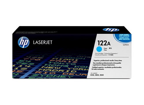 Caixa de toner HP LaserJet 122A ciano com texto e fundo preto branco