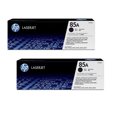 Dois cartuchos de tinta HP LaserJet 85A preto embalados, em fundo branco
