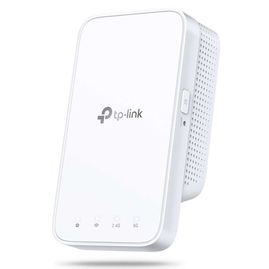 Repetidor Wi-Fi branco tp-link com LEDs e botões laterais