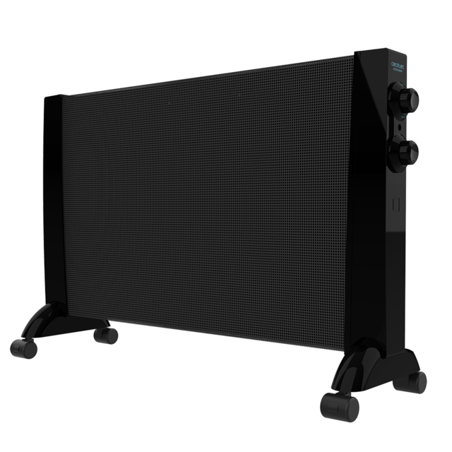 Aquecedor eléctrico preto com botões de controlo laterais e rodas