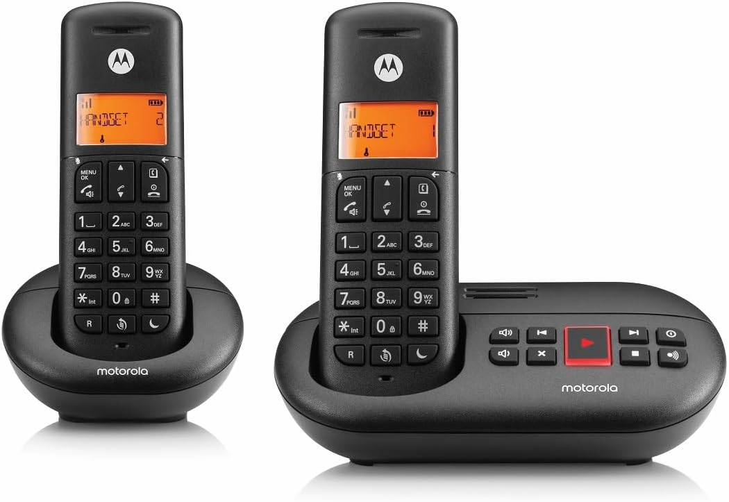 Telefone sem fios Motorola preto com botão vermelho e ecrãs laranja