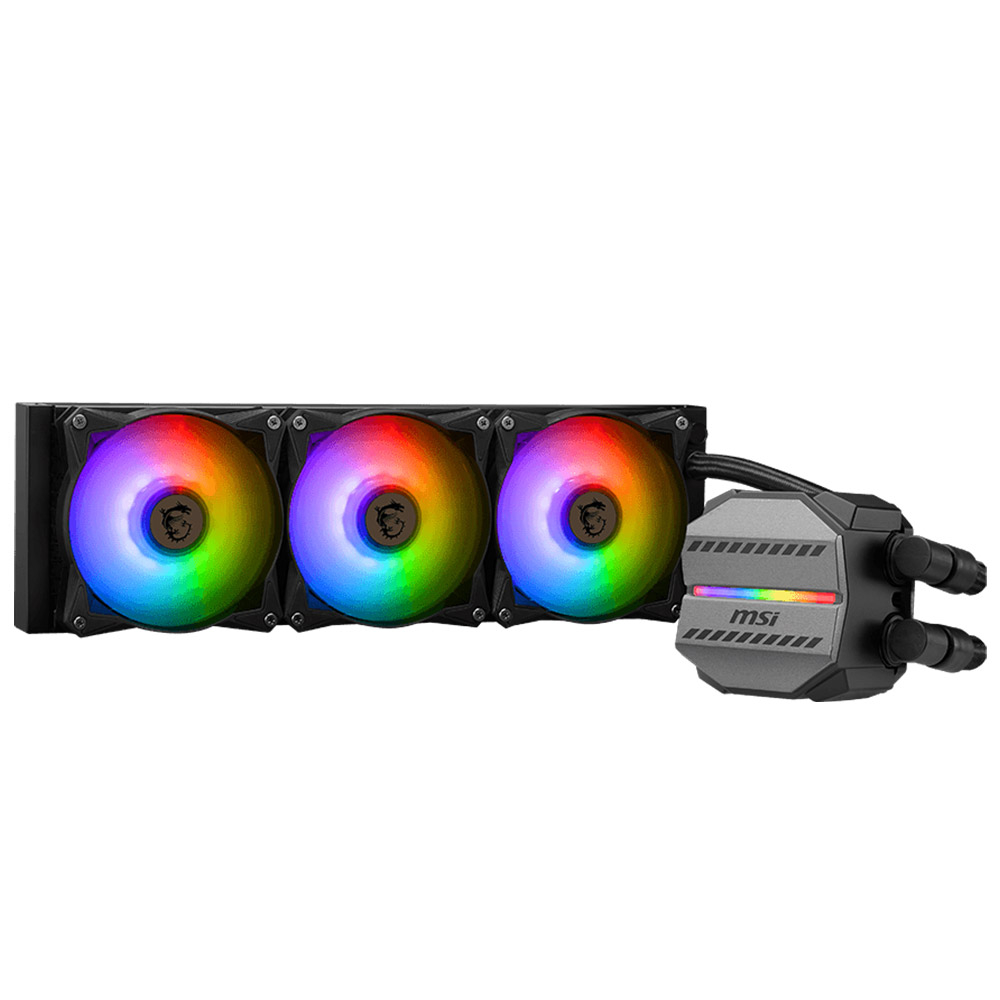 Refrigeração líquida MSI com três ventoinhas RGB e bloco CPU iluminado.