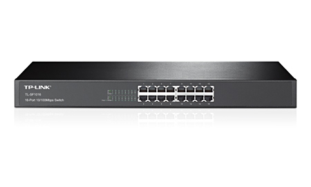 Switch TP-LINK preto com 16 portas Ethernet e LEDs de status