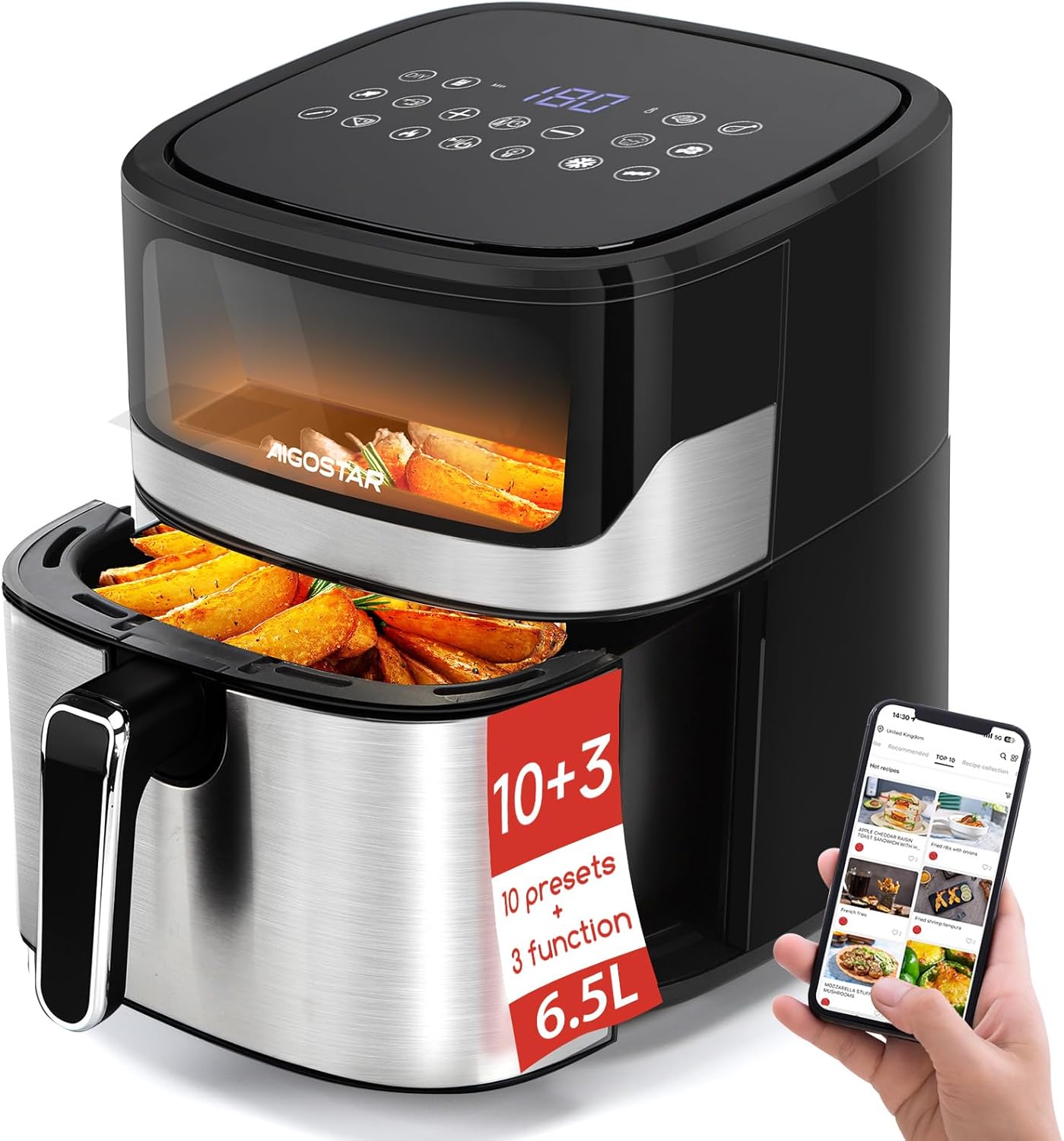 Máquina air fryer preta e inox com visor digital e batatas fritas na bandeja