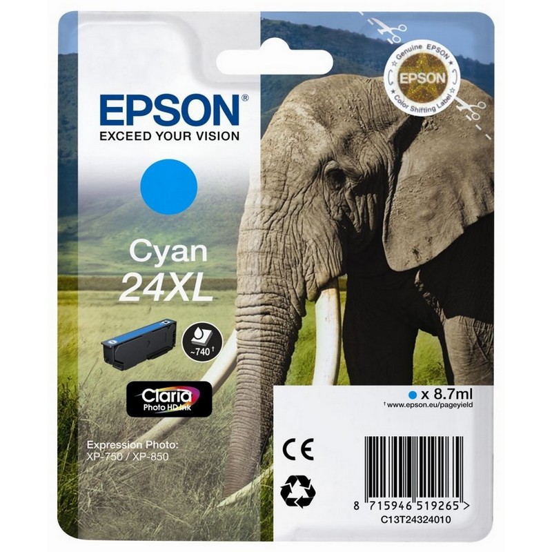 Embalagem de tinteiro Epson Cyan 24XL com imagem de elefante