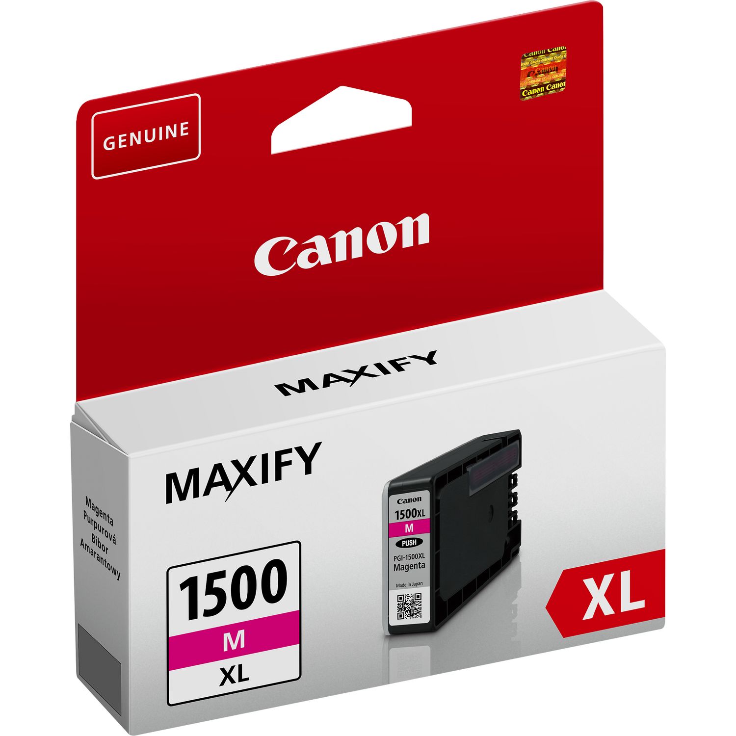 Cartucho de impressão Canon MAXIFY 1500 M XL magenta em embalagem branca e vermelha