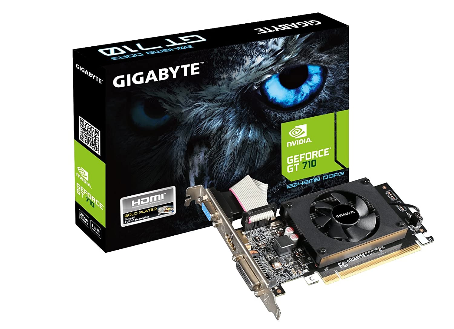 Placa gráfica NVIDIA GIGABYTE GeForce GT 710 com ventilador e embalagem
