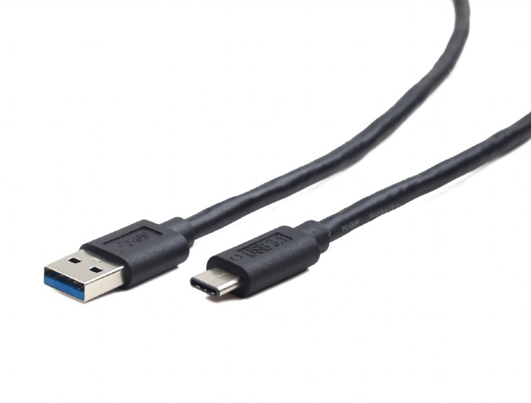 Cabo USB 3.1 tipo A para USB tipo C preto sobre fundo branco