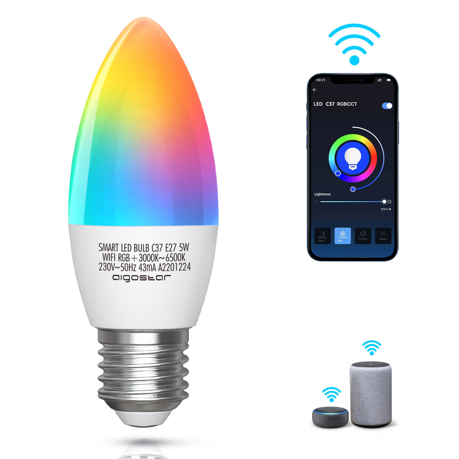Lâmpada led inteligente colorida com base E27 e controlo por smartphone e assistente virtual.