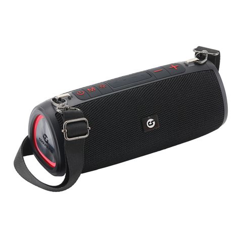 Coluna portátil de som preta com botões no topo e alça ajustável