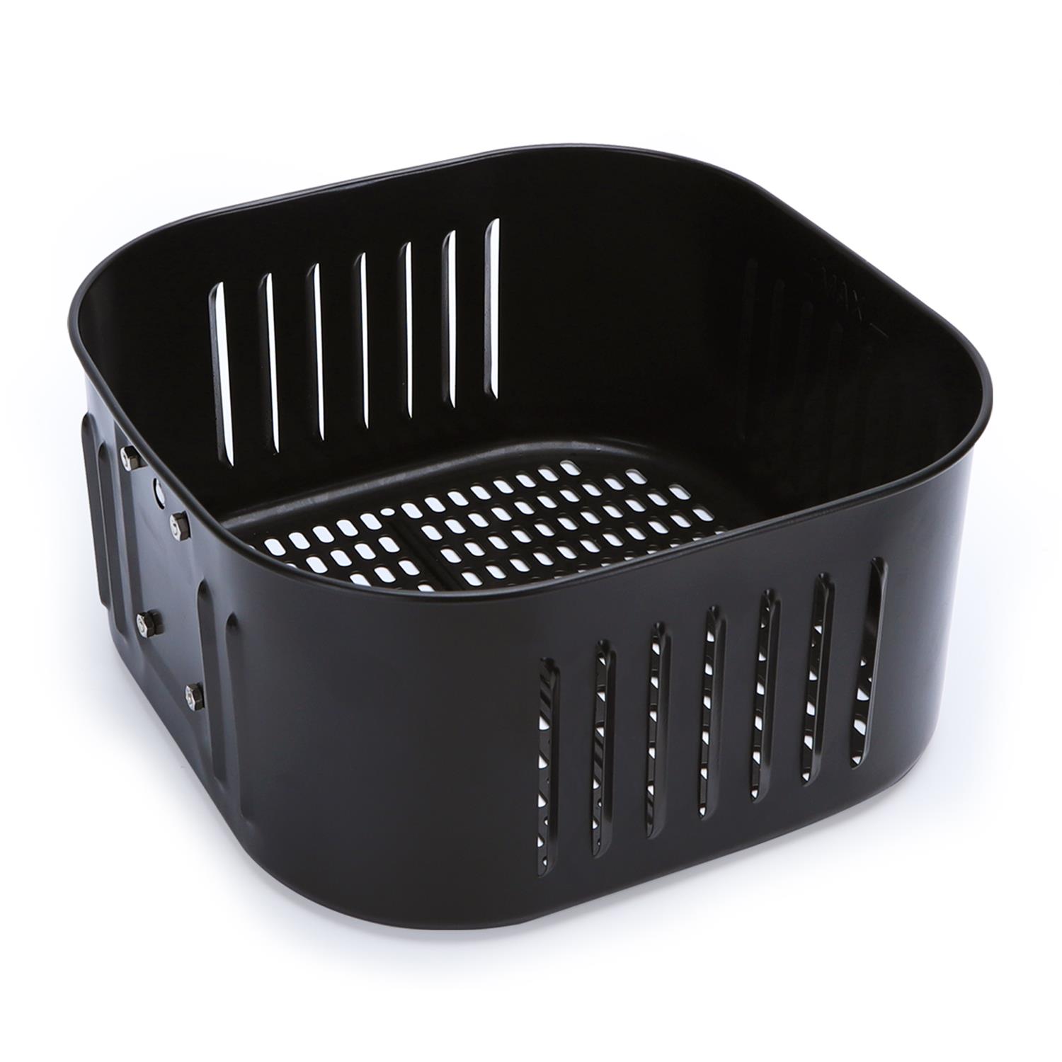 Cesto quadrado preto em metal com orifícios verticais e base furada