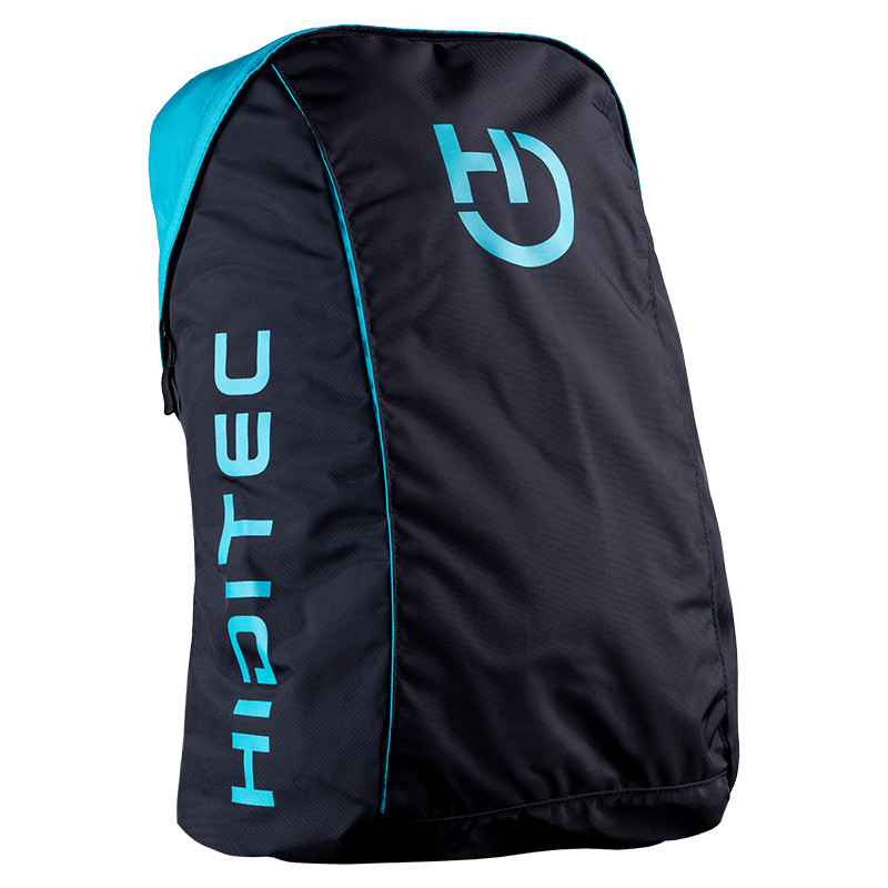 Mochila preta e azul com logotipo e texto HAITEC azul claro