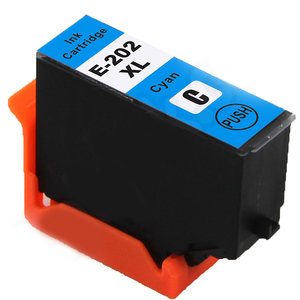 Cartucho de tinta preto com etiqueta azul e branca e base laranja