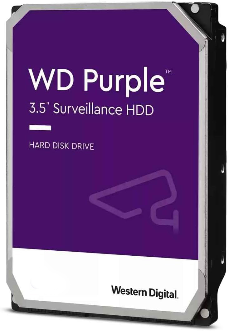Disco rígido Western Digital WD Purple 3.5 com etiqueta roxa e branca