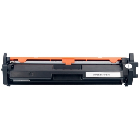 Toner preto compatível CF217A com componente laranja e fundo branco.