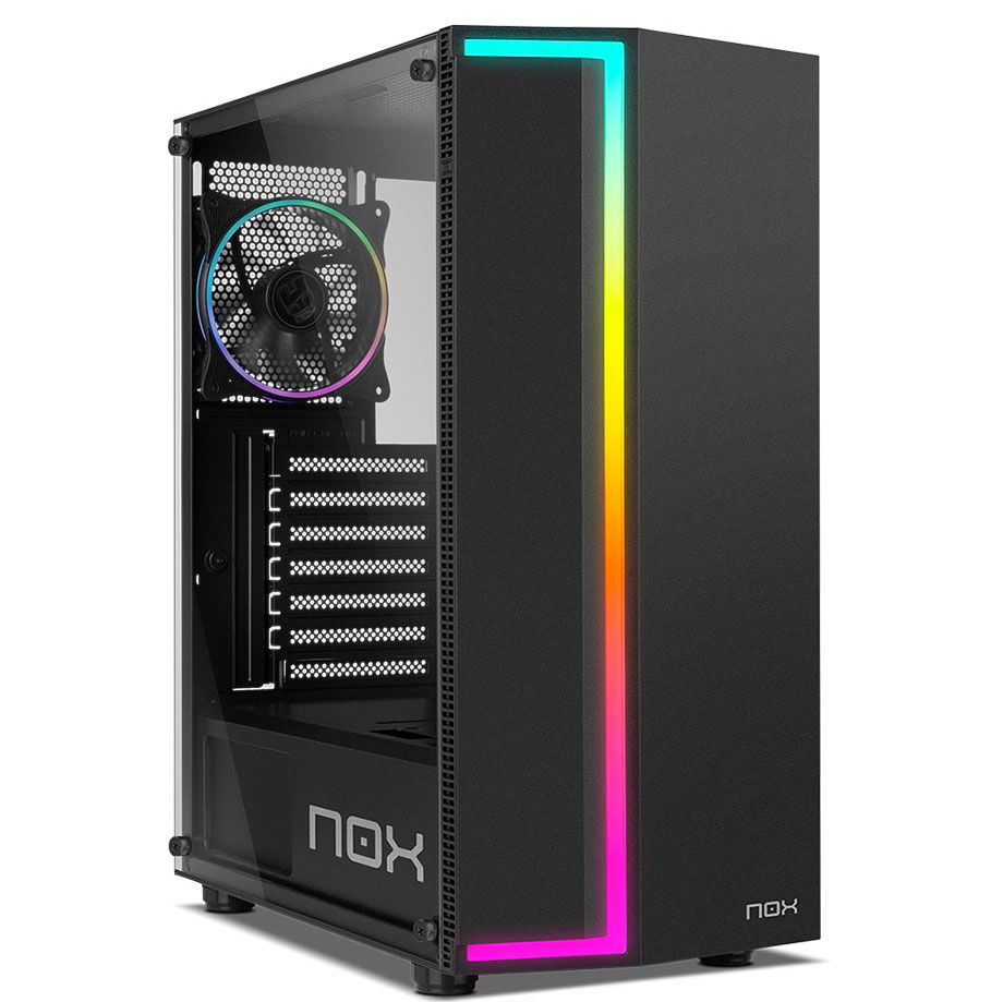 Gabinete de computador preto com painel lateral de vidro temperado e iluminação RGB