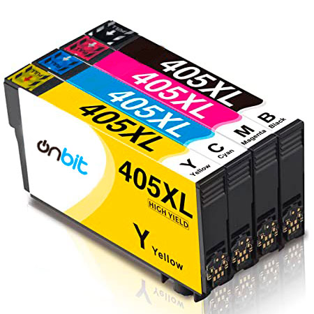 Conjunto de tinteiros onbit 405XL nas cores amarelo, ciano, magenta e preto.