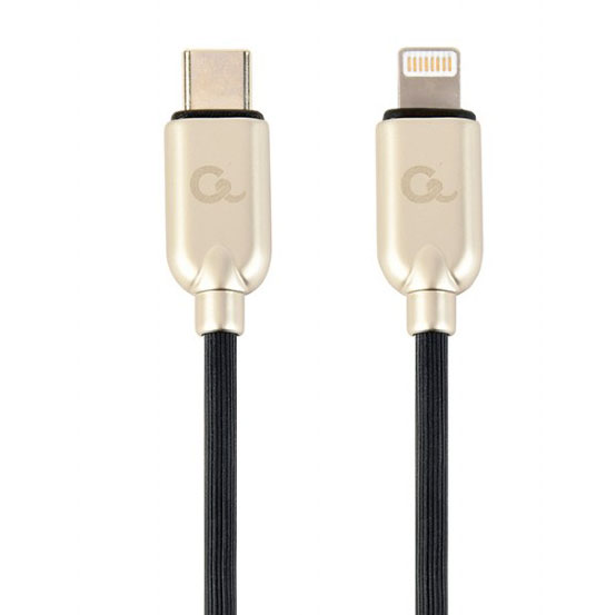 Cabo USB-C para Lightning com revestimento preto e terminais dourados