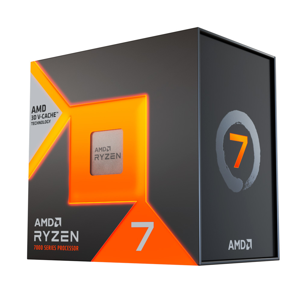 Embalagem preta de processador AMD Ryzen 7 com detalhes laranja e texto AMD Ryzen 7000 Series Processor