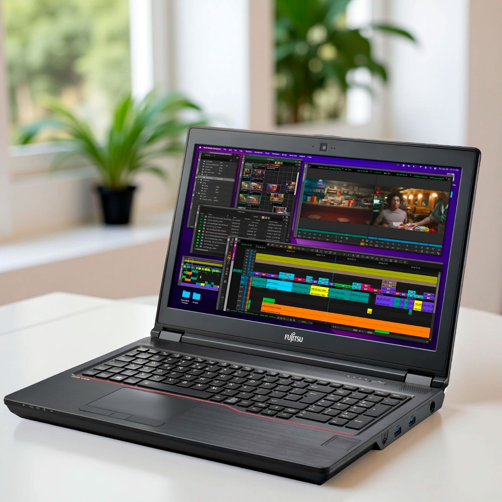 Computador portátil Fujitsu a mostrar software edição vídeo sobre mesa branca com plantas desfocadas ao fundo
