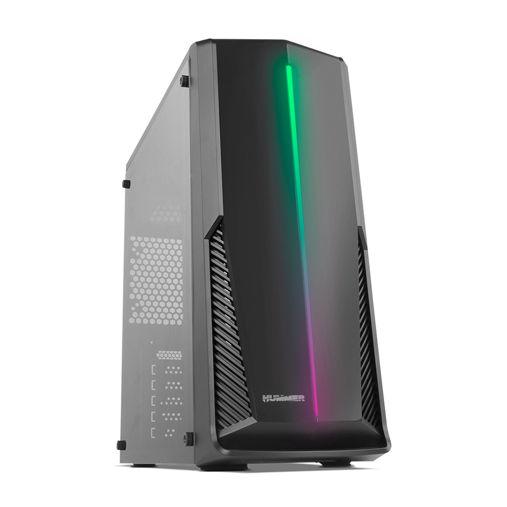 Computador de secretária cinza com luz vertical RGB no painel frontal preto