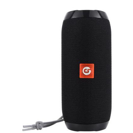 Coluna portátil preta com tecido e logótipo laranja