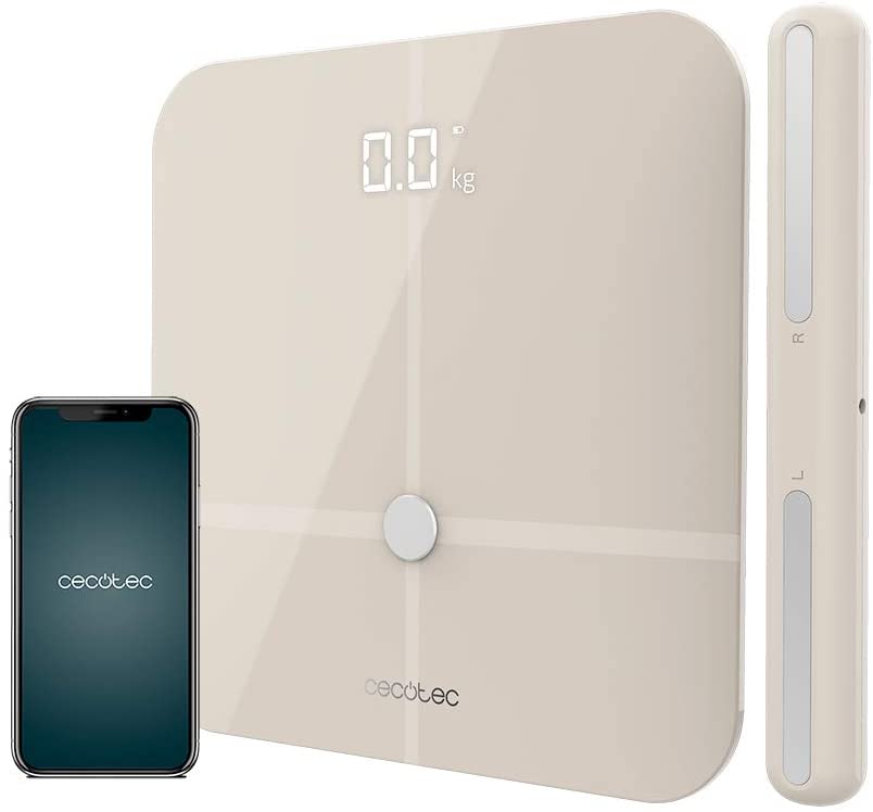 Balança digital bege com smartphone mostrando logo cecotec