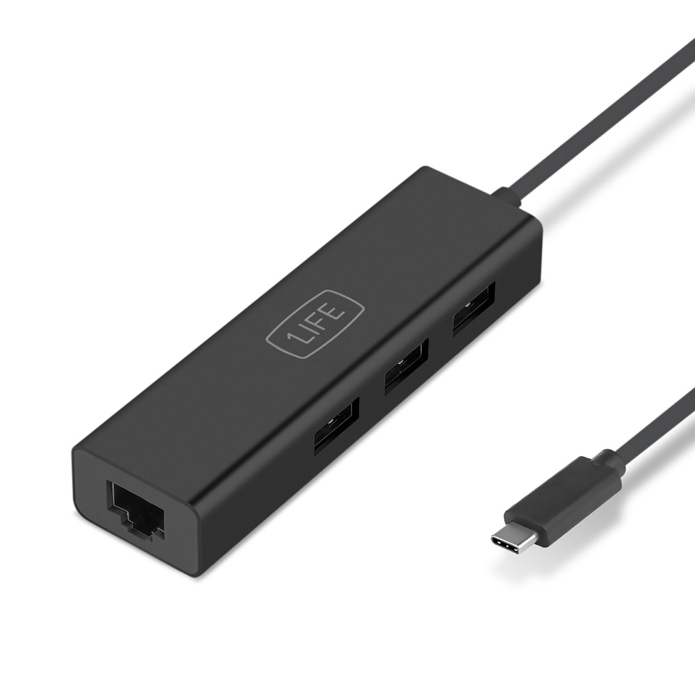 Hub USB preto com portas USB e ethernet com cabo USB-C