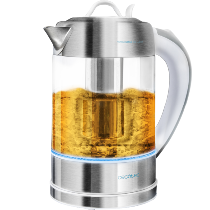 Chaleira elétrica transparente com detalhes em aço inox e pega branca