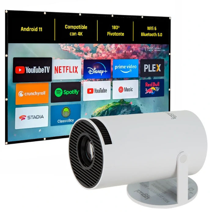 Projetor branco cilíndrico em frente a ecrã com serviços de streaming e especificações técnicas