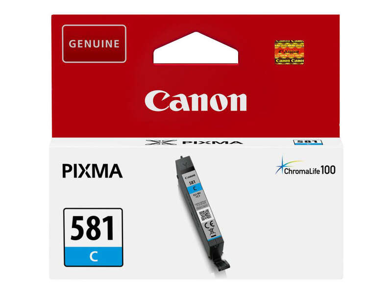 Embalagem tinteiro Canon PIXMA 581 ciano vermelho branco