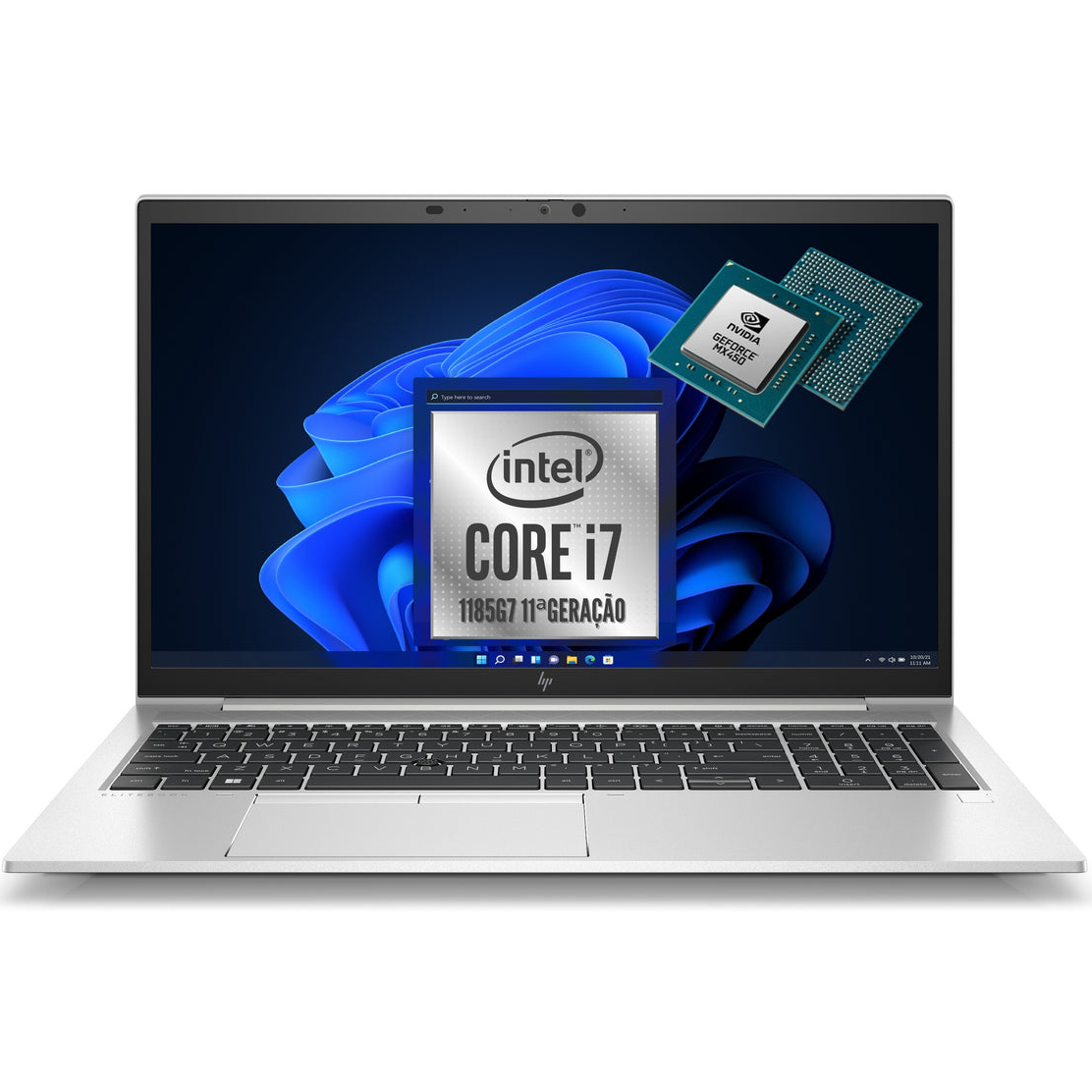 Computador portátil prateado com teclado preto e ecrã com logótipos Intel e NVIDIA