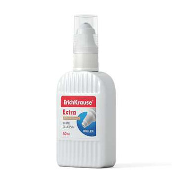 Frasco branco de cola com aplicador roller e rótulo ErichKrause Extra
