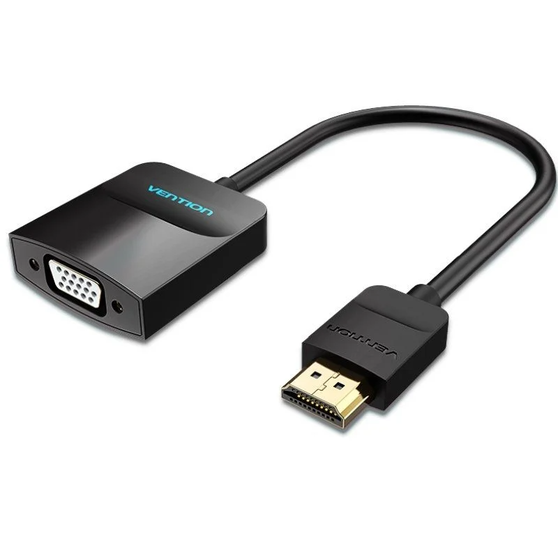 Adaptador de vídeo HDMI para VGA preto com cabo curto e conector HDMI dourado.