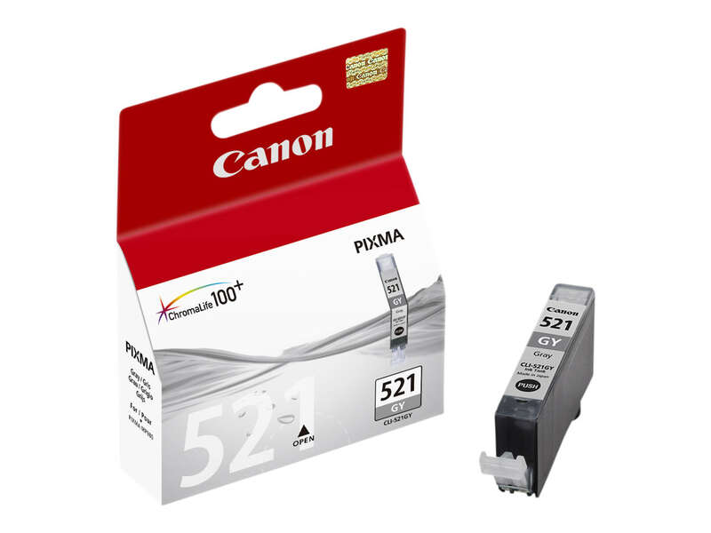 Cartucho de tinta Canon PIXMA cinza 521 com caixa correspondente