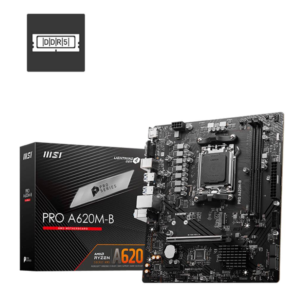 Placa-mãe MSI PRO A620M-B com caixa preta ao fundo