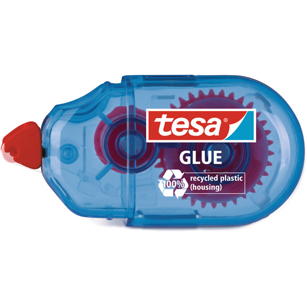 Corretor em fita tesa azul transparente com texto GLUE e indicação de plástico reciclado.